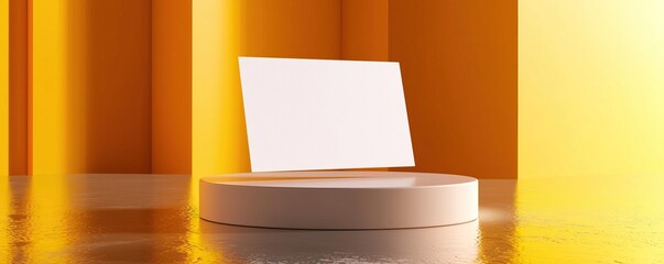 3D render of of a blank white gift card with rounded corners floating on a simple rounded photographic plinth in a photo studio