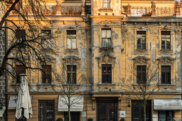 facades and windows of an old building in the center of Ljubljana, the capital of Slovenia