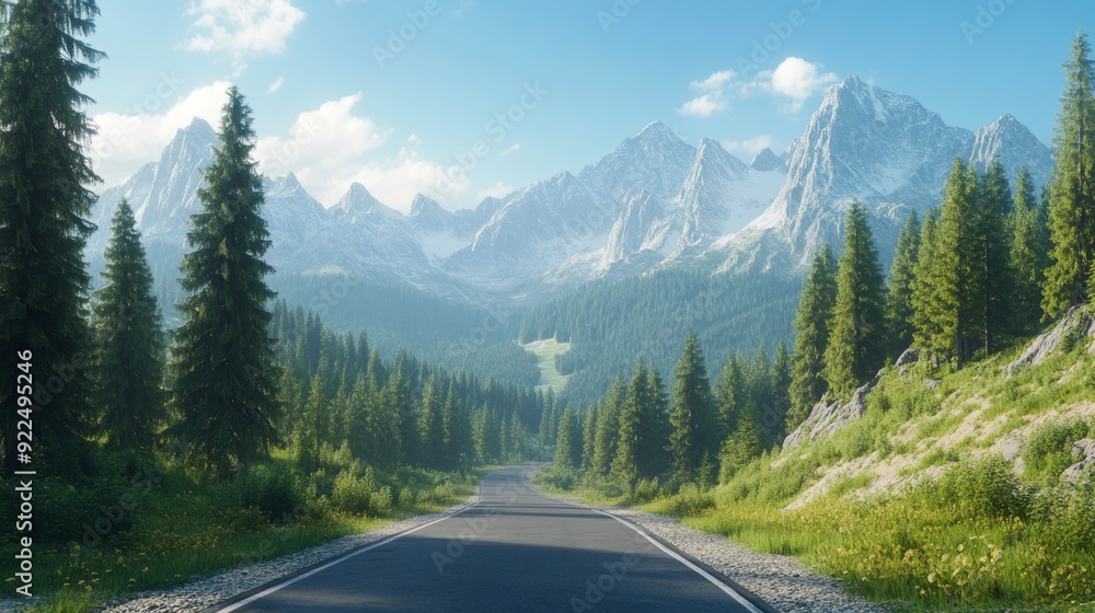 Poster a scenic mountain road lined with pine trees and leading through a picturesque valley, with distant 
