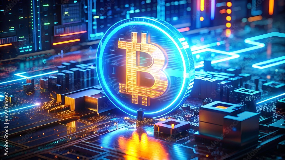 Poster bitcoin blockchain cryptocurrency digital encryption and technology background