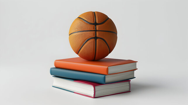 3D Flat Icon: Basketball and Books Concept for Academic and Physical Balance   White Background with Ample Space for TextGraphics