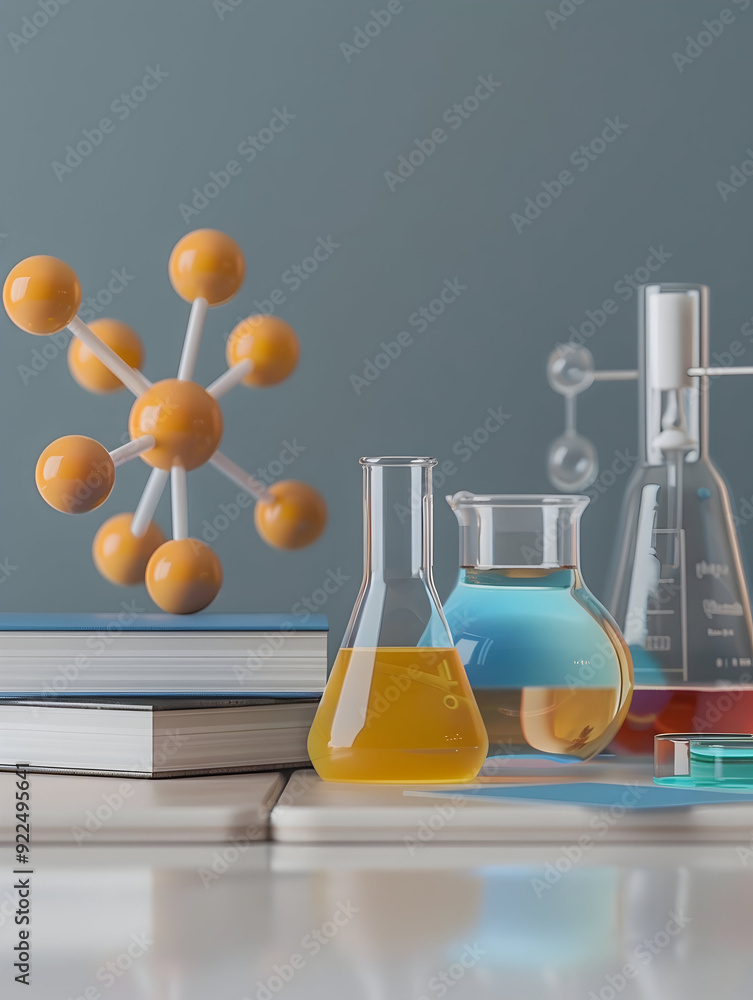 Poster 3d flat icon of book and chemistry set concept on dreamy background exciting scientific experiments 