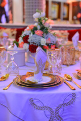 Luxurious wedding table setting. Luxurious wedding hall.