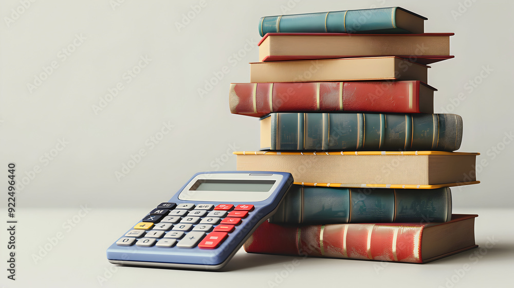 Poster academic knowledge and mathematical precision: 3d flat icon of books and calculator on white backgro