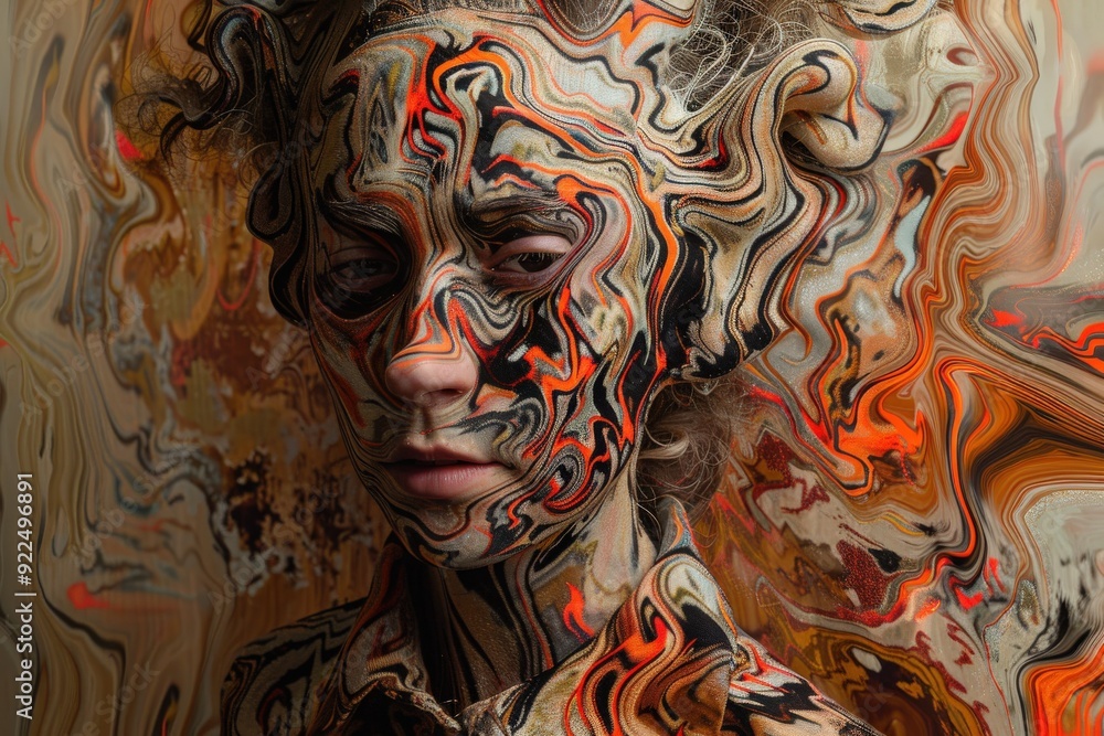 Poster a person is adorned with intricate and colorful face paint, blending into an abstract background tha