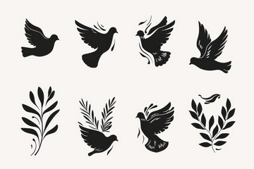 Obraz premium Peace dove graffiti, pigeons, twigs ink illustration. Flying birds silhouettes monochrome flat icons