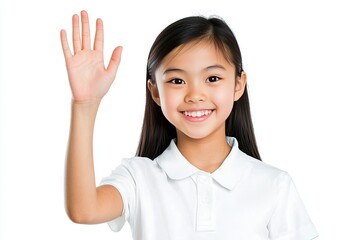 A young girl smiling and waving hello in a bright setting against a light background