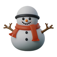 A chibi 3D Snowman with a large head, big eyes, wearing a Christmas-themed hat and scarf, with a carrot nose and coal buttons. The background is transparent.