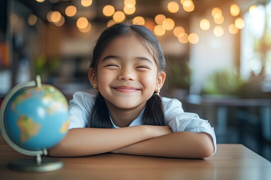 Young girl smiles brightly while leaning on a table beside a globe in a cozy, well-lit café during an afternoon
