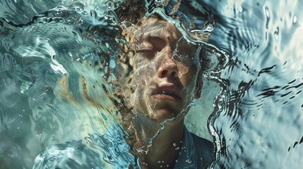 A person floats underwater, eyes closed, surrounded by shimmering water, conveying a sense of calm and introspection