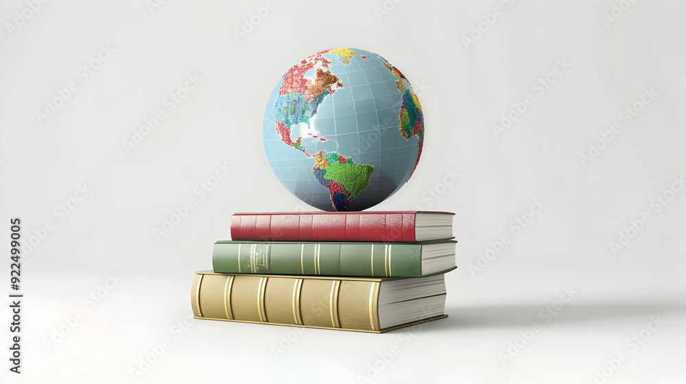 Poster 3d flat icon of globe and textbooks on white background global perspective and knowledge concept for