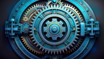 Fototapeta premium Interlocking gears with blue hues representing the concept