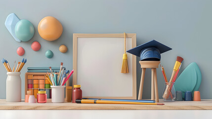 3D Graduation Cap with Art Supplies and Canvas Concept for Academic and Creative Education on Dreamy Background   Isolated on White