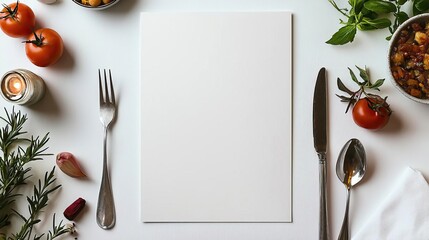 A blank restaurant menu on white background, great for showcasing menu design full shot a minimum of objects in a minimalist style
