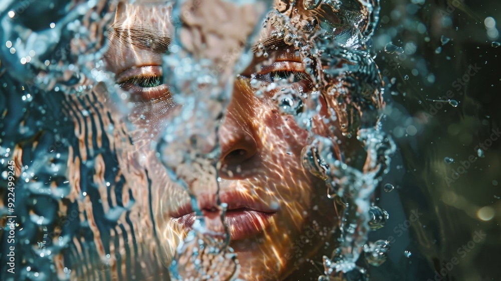 Poster water cascades and refracts light around a person's face, creating a serene and introspective atmosp