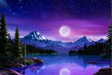 a painting of a mountain lake with a full moon and a lake in the background.