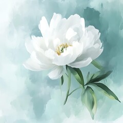 Delicate white peony flower against a soft, pastel blue and green watercolor background, ideal for wall art, greeting cards, or nature-themed projects,