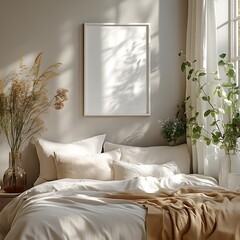 A cozy bedroom scene featuring a bed with white linens and pillows, beige blanket, and green plants near the sunlight-filled window, creating a warm, inviting atmosphere ideal for home decor