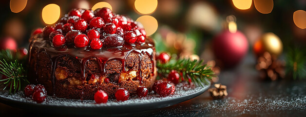 wide panoramic cover background photo of delicious christmas cake with chocolate and berries 