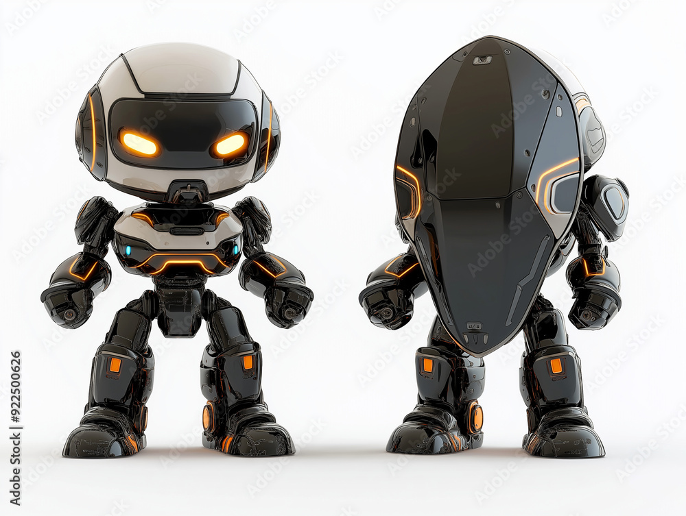 Poster futuristic toy robot. a sleek, black and white robot with glowing orange eyes stands in a heroic pos