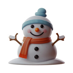 A chibi 3D Snowman with a large head, big eyes, wearing a Christmas-themed hat and scarf, with a carrot nose and coal buttons. The background is transparent.
