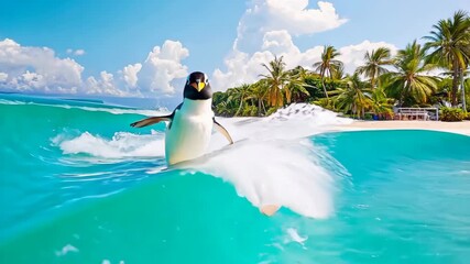 Gentoo Penguin Surfing Crystal Clear Wave Near Tropical Beach, 4k video