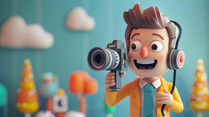 3D Flat Icon of News Anchor with Camera and Microphone   Whimsical Background for News Announcements and Broadcasting on White Background