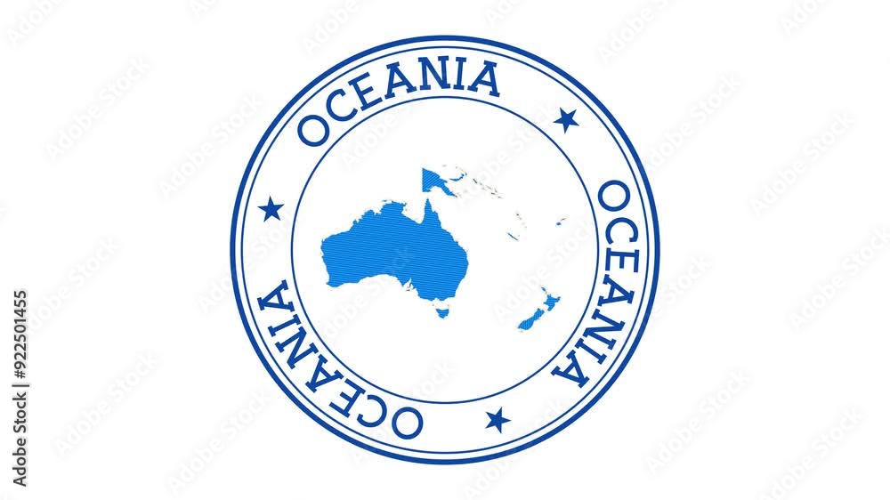 Poster oceania intro. badge with the circular name and map of the continent. oceania round logo animation.