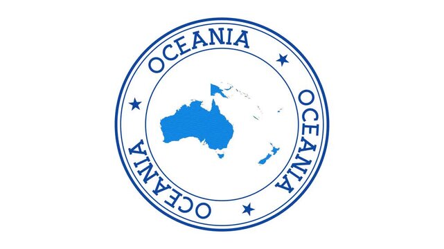 Oceania intro. Badge with the circular name and map of the continent. Oceania round logo animation.