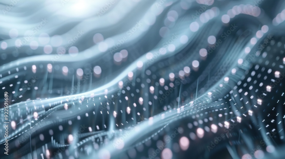 Poster abstract representation of flowing particles and light in a wavy pattern, showcasing a blend of blue