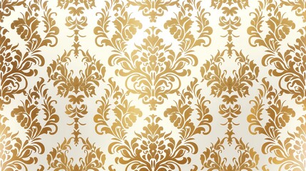Elegant gold damask wallpaper background with intricate floral patterns, perfect for decorating luxurious spaces.