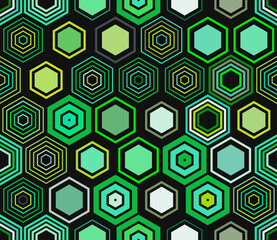 Hexagon grid pattern. Geometric shapes of varied style and color. Large honeycomb cells. Tileable pattern. Seamless background. Vibrant vector illustration.