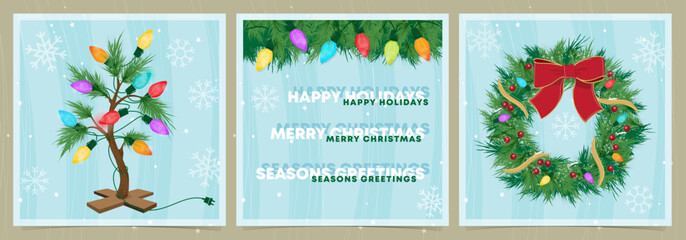 Frames of Christmas Tree and Wreath with Retro Lights with Snowflakes Background