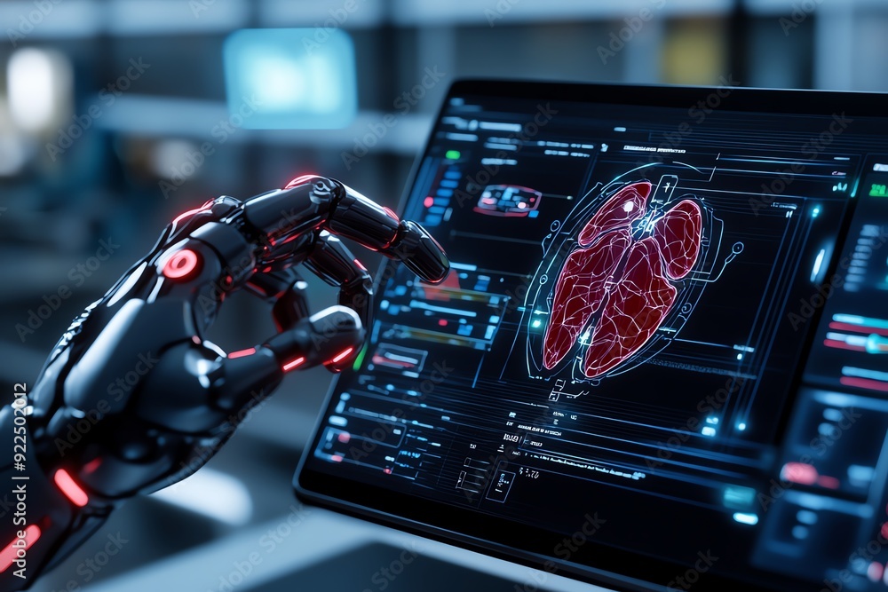 Poster A robotic hand interacts with a medical software interface displaying a detailed biological image on a high-tech screen.