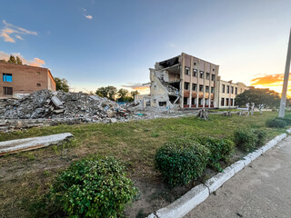 A school building destroyed by a Russian missile. High school after missile strike. The ruins of a destroyed school