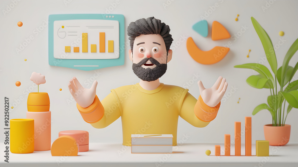 Poster 3d flat icon concept: salesperson with presentation and screen share for online meetings dreamy back