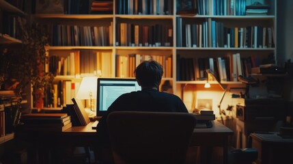 Peaceful study space with one person working alone surrounded by books and a laptop symbolizing...