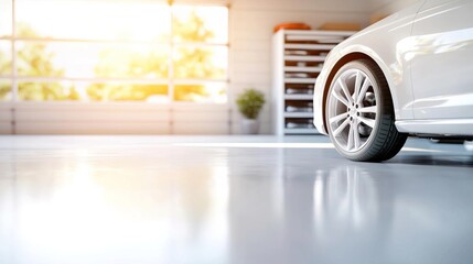 Medium shot of a garage with neatly arranged vehicles and storage solutions for car parking.