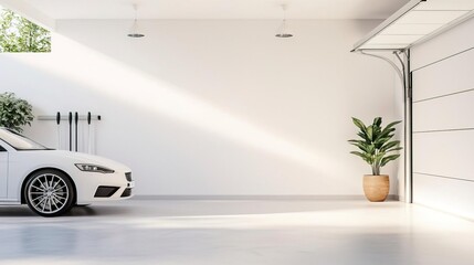 Modern garage interior with white car, plants and sunlight.