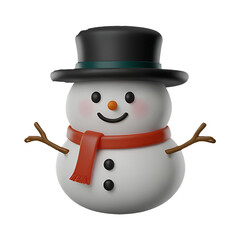 A chibi 3D Snowman with a large head, big eyes, wearing a Christmas-themed hat and scarf, with a carrot nose and coal buttons. The background is transparent.