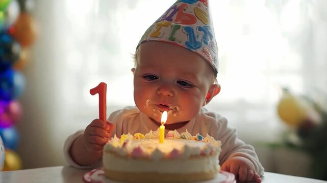 A joyful baby wearing a party hat blows out a candle on a birthday cake, surrounded by colorful decorations and warm lighting.