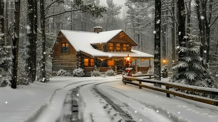 Render a nostalgic Christmas background with a quaint village street, lined with snow-covered cottages and twinkling street lamps.