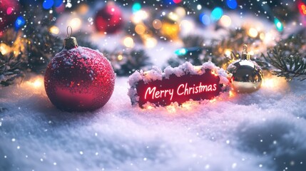 Merry Christmas text on snow with lit colourful garland, Xmas balls, tree and lights. New Year seasonal holiday theme