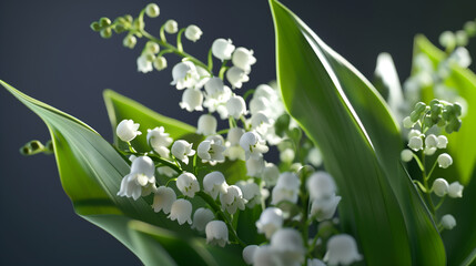 Close-up of a lily of the valley bouquet covered in water droplets.