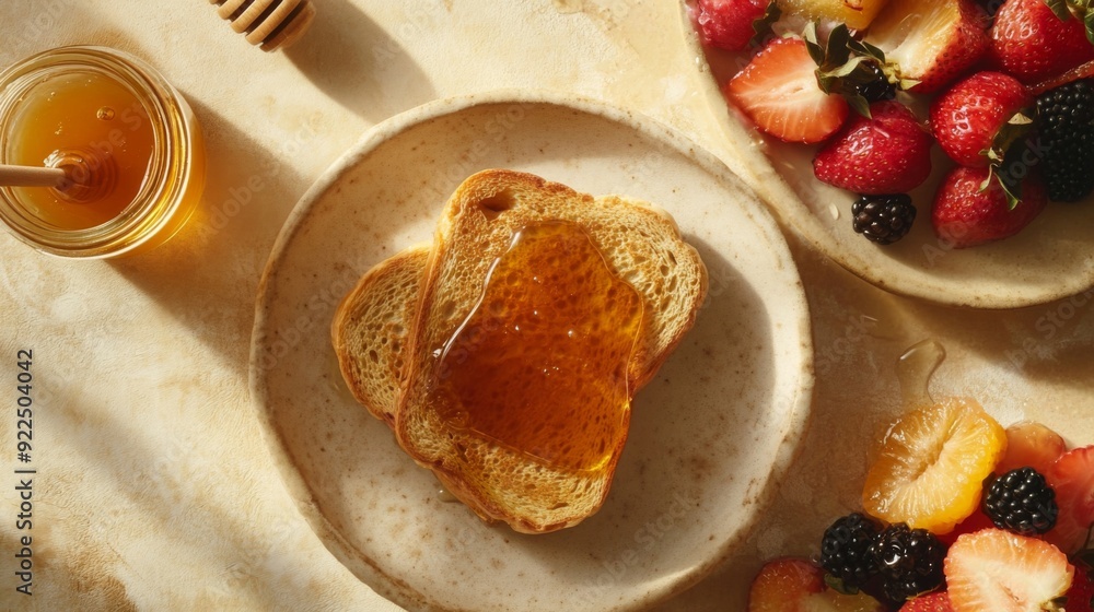 Poster a top-down view of a breakfast spread with toast drizzled with honey, fresh fruit, and a jar of hone