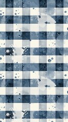 The design features a grid of blue and white squares with artistic paint splashes