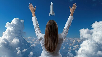 Woman reaching for the sky with a rocket launching into the clouds.