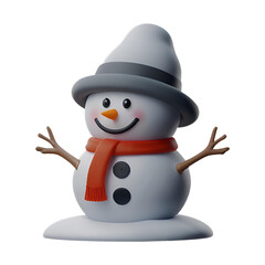 A chibi 3D Snowman with a large head, big eyes, wearing a Christmas-themed hat and scarf, with a carrot nose and coal buttons. The background is transparent.