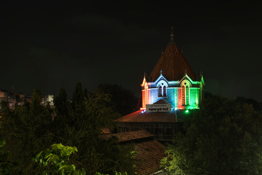 Mahatma Phule Mandai, Mahatma Phule vegetable Market, an historical monument looking magnificent as ever adorned with tri-colour lights for independence day. Pune, Maharashtra, India, Asia.