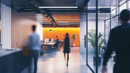 Fototapeta premium Long exposure shot of crowd of business people walking in bright office lobby fast moving with blurry